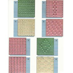 four crocheted squares are shown in different colors and sizes, each with the same pattern