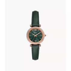 This 28mm Carlie features a green sunray dial, three-hand movement and green LiteHide™ leather strap. Fossil leather products support responsible manufacturing via the Leather Working Group. Fossil Watches Women, Minimalist Watch, Satchel Tote Bag, Rfid Wallet, Three Hands, Rose Gold Watches, Classic Watches, Leather Products, Wallet Accessories