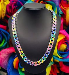 "Vivid Link": This hefty and beautiful Cuban Link-styled and Stainless Steel colorful chain comes in 2 different lengths, 18 inches and 24 inches plus an extender. Show the world your true COLORS. Trendy Colorful Necklace With Adjustable Chain, Multicolor Chunky Chain Link Jewelry, Multicolor Link Jewelry With Adjustable Chain, Multicolor Chain Necklaces For Gifts, Multicolor Chain Necklace For Gift, Colorful Chain Jewelry As Gift, Colorful Chain Necklace For Gifts, Colorful Chain Jewelry For Gifts, Multicolor Chunky Chain Jewelry As A Gift