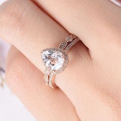 Pear Shaped Engagement Ring Set Rose Gold Wedding Ring Bridal Heart Cut Diamond Wedding Jewelry, Elegant Wedding Jewelry With Heart Cut, Heart Cut Diamond Jewelry For Wedding, Elegant Heart Cut Wedding Jewelry, Elegant Heart Cut Jewelry For Wedding, Anniversary Bridal Set With Center Stone In Diamond White, Anniversary Bridal Sets With Halo Setting In Moissanite, Wedding Jewelry Heart Cut Brilliant, Diamond White Bridal Set With Center Stone For Anniversary