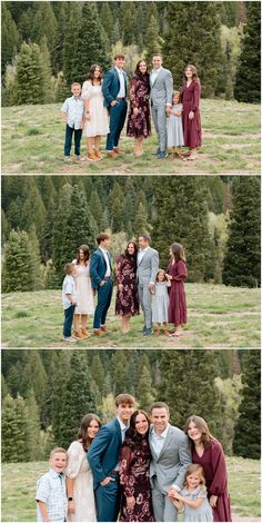 the family is posing for pictures together in front of some trees and grass with their arms around each other