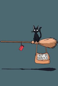 a black cat sitting on top of a broom with a bag hanging from it's handle