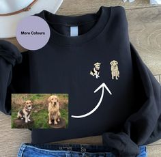 there is a black shirt with pictures of dogs on it and an image of a dog