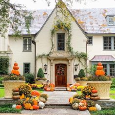 pumpkins and gourds are arranged in front of a large white house with stone steps