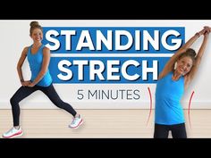 two women in blue shirts and black pants doing stretching exercises with the words standing stretch 5 minutes