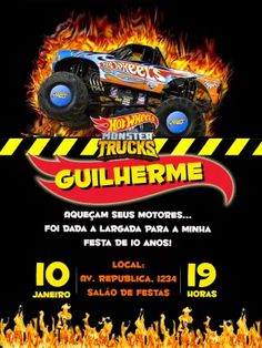 a flyer for a monster truck show with flames and fire in the background, including an image of a monster truck