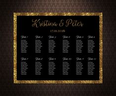 a black and gold wedding seating chart with glitter trimmings on the edges, in front of a dark background