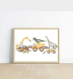 an art print featuring dinosaurs and trucks