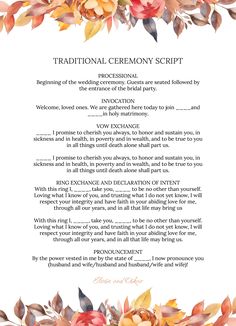 a wedding ceremony card with flowers and leaves on the front, in white paper text reads traditional ceremony script