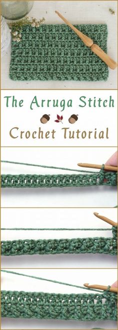 the arnuga stitch crochet pattern is shown in three different rows, with two