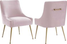 two pink chairs with gold legs and handles on each side, one is facing the other