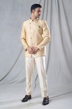 Gold jodhpuri with all over floral butti pattern. Paired with a straight fit gold trouser. - Aza Fashions Traditional Zari Work Sets For Semi-formal Occasions, Semi-formal Fitted Traditional Wear With Naqshi, Traditional Semi-formal Sets With Pallu, Semi-formal Sets With Zari Work For Diwali, Festive Semi-formal Sets With Chikankari Embroidery, Traditional Zari Work Semi-formal Sets, Traditional Wear With Pallu For Semi-formal Occasions, Traditional Bandhgala With Self Design For Formal Occasions, Traditional Semi-formal Wear With Pallu