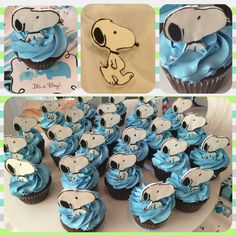 cupcakes decorated with blue frosting and pictures of dogs