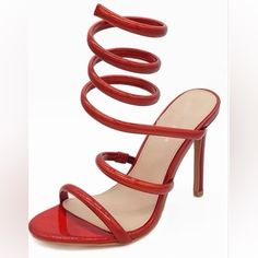 Red Round Toe Ankle Strap Heels Has 4.5 Inch Heel Red Strappy Heels For Party, Red Strappy Heels For Spring, Red Strappy Sandals With 4-inch Heel, Red Party Sandals With Heel Loop, Red High Heel Shoes With Heel Loop, Red Strappy Heels With 4-inch Heel, Red Synthetic Sandals With Pointed Toe, Red Pointed Toe Synthetic Sandals, Red Synthetic Pointed Toe Sandals