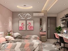 a bedroom with two flamingos on the wall and a desk in front of it