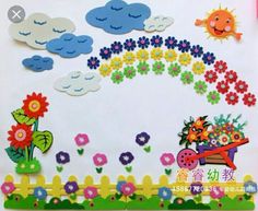 a white board with flowers and clouds on it