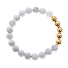 Shake things up with the Sgroppino bracelet from our Aperitivo Collection. Carefully concocted from white marble semi-precious stone and 24K gold-plated brass beads, this stackable bracelet mixes well with your favorite stacked bracelets or packs a punch worn on its own. 8 " in diameter. Materials: Semi-precious stone, 24K gold-plated brass. Pair with: Purple People Eater. All Ben-Amun jewelry is handcrafted and made to order in NYC; please allow 7-14 days for production before the anticipated s Modern White Bracelets With Round Beads, Modern White Round Bead Bracelets, Modern White Round Beaded Bracelets, Modern White Round Beads Bracelets, Everyday White Gemstone Beads Bracelets, Modern White Adjustable Pearl Bracelet, Luxury Beaded Agate Bracelets, Luxury Beaded Agate Bracelet, Hand-strung Agate Stretch Bracelet