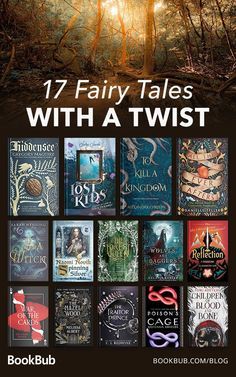 the book cover for 17 fairy tales with a twist, featuring an image of trees in the background