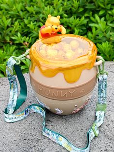 a winnie the pooh lunch box on a rock with a green ribbon around it