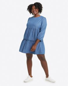 Tiered Trapeze Dress in Chambray – Draper James Spring Cotton Tiered Dress With Ruffle Hem, Casual Long Sleeve Tiered Summer Dress, Spring Cotton Tiered Day Dress, Spring Tiered Relaxed Fit Dress, Casual Cotton Tiered Spring Dress, Casual Cotton Tiered Dress For Spring, Relaxed Fit Tiered Spring Dress, Spring Tiered Dress For Daywear, Casual Tiered Dress For Spring