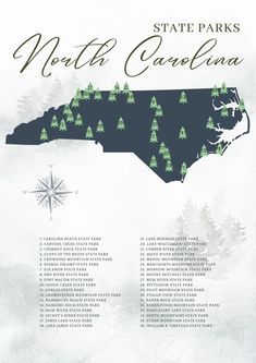 state parks in north carolina map with pine trees and snowflakes on white background