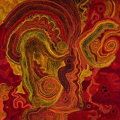 an abstract painting in red, yellow and orange colors with swirls on the surface