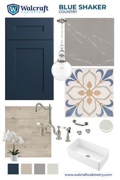 the blue shaker color scheme is shown with white and gray accents, including a sink,