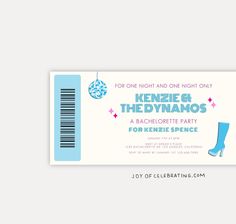 a ticket for an event with high heel boots on the front and blue text that reads, kenzie & the dymmos