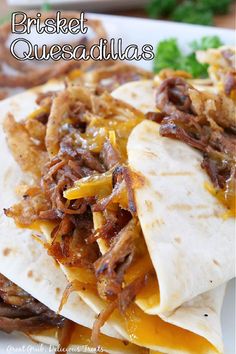 Quesadillas filled with brisket, BBQ sauce, and crispy onion strings. Brisket Quesadillas, Leftover Beef Brisket, Barbecue Brisket, Beef Brisket Recipe, Onion Strings, Brisket Recipe, Leftover Beef, Beef Brisket