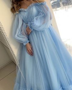 Tulle Dress With Sleeves, Blue Tulle Prom Dress, Summer Prom Dress, Prom Dress Stores, Long Sleeve Prom, A Line Prom Dresses, Dresses Elegant, Summer Wedding Dress, Prom Dresses With Sleeves