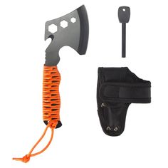 an orange and black knife with a tool attached to it's back end, next to a sheath