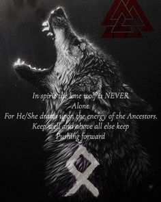 a wolf with its mouth open in front of a triangle and the words,'in spirit