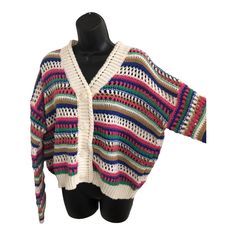 Vigoss Cream Pink Blue Multistripe Crochet Knit Grandpa Style Long Sleeve Cardigan Sweater Size Large New Farm Rio Crochet Look Artisan Handmade Style Relaxed Oversized Fit A130 Vigoss Cream Pink Blue Multistripe Crochet Knit Grandpa Cardigan Sweater Size Large New Grandpa Cardigan, Grandpa Style, New Farm, Farm Rio, Sleeve Cardigan, Long Sleeve Cardigan, Cardigan Sweater, Sweater Cardigan, Sweater Sizes