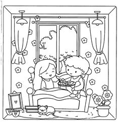 a black and white drawing of two children in bed with flowers on the window sill