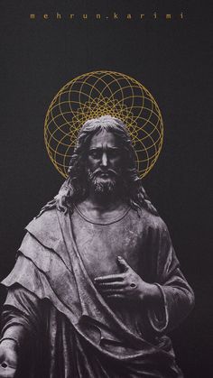 the statue of jesus is shown in front of a black background with gold circles around it