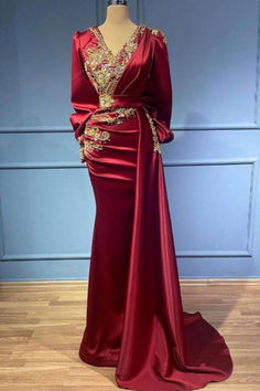 Chicloth Burgundy Long Sleevs Prom Dress Mermaid With Beadings Hijabi Dresses, Red Evening Dresses, Crystal Prom Dress, Ruffle Prom Dress, Evening Dresses With Sleeves, Burgundy Prom Dress