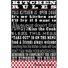 the kitchen rules poster is shown in black and white, with red checkered border