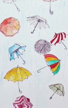 an art print with umbrellas painted on it's sides in various colors and sizes