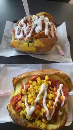 two pictures of a hot dog covered in toppings and condiments on top