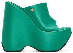 Silk-blend satin platform heeled sandals in green. · Signature medusa hardware at vamp · Goatskin footbed · Covered wedge heel · Buffed calfskin outsole · Platform: H2.5 in · Heel: H6 in Supplier color: Turquoise/Gold | Versace Green Triplatform Mules Green Platform Sandals For Evening, Luxury Green Platform Heels, Designer Green Platform Heels, Luxury Platform Wedge Sandals, Luxury Synthetic Platform Sandals, Designer Synthetic Platform Heels, Green Leather Wedge Sandals For Parties, Luxury Summer Chunky Platform Heels, Luxury Chunky Platform Heels For Summer