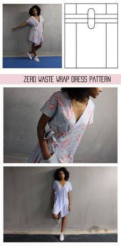 a woman standing in front of a wall with the words zero waste map dress pattern