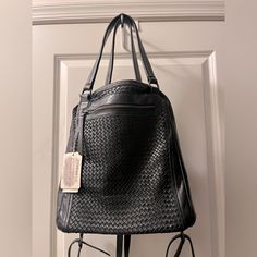 Brand New - Very Well Made Italian Leather Woven Convertible Backpack Purse. Perfect For Travel As It Has Adjustable Straps And Can Convert Into Backpack, Shoulder Bag, Or Cross Body. It’s A Three In One Bag. Real Italian Leather And Will Prove To Only Get Better With Use. Approximately 12.5” X 5.5” X 14” Black Backpack Satchel For Shopping, Black Shopping Bucket Backpack Bag, Black Bucket Bag Backpack For Shopping, Black Leather Backpack With Detachable Handle For On-the-go, Black Leather Backpack Shoulder Bag, Black Leather-backed Shoulder Bag Backpack, Black Leather-backed Shoulder Backpack, Black Tote Backpack For Shopping, Black Backpack With Detachable Handle