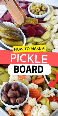 How to make a Pickle Charcuterie Board Charcuterie Board Pickled Vegetables, Pickle Themed Charcuterie Board, Pickle Plate Ideas, Pickles Olives Cheese Tray, Relish Charcuterie Board Ideas, Pickle And Cheese Tray, Relish Trays For Thanksgiving, Dill Pickle Charcuterie Board, Cheese And Pickle Tray