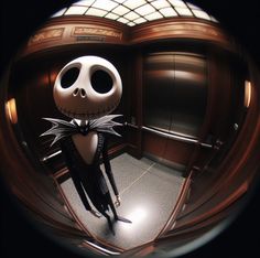 the jack skellingy doll is standing in front of an open door and looking into the mirror