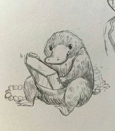 a drawing of a monkey sitting on the ground next to a person holding a book