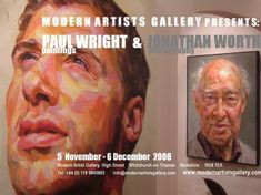 a painting of a man's face is shown in front of a wall with the words modern artists gallery presents paul wright & jonathan worth