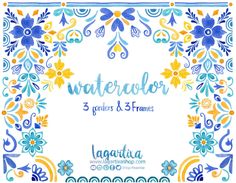 the mexican watercolor border with flowers and leaves in blue, yellow and orange colors