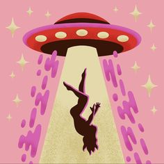 an illustration of a woman falling off the side of a flying saucer with stars in the background