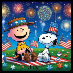 a charlie brown and his dog are celebrating the fourth of july with fireworks in the background