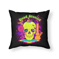 a black pillow with a skull holding a pipe and the words dead story on it